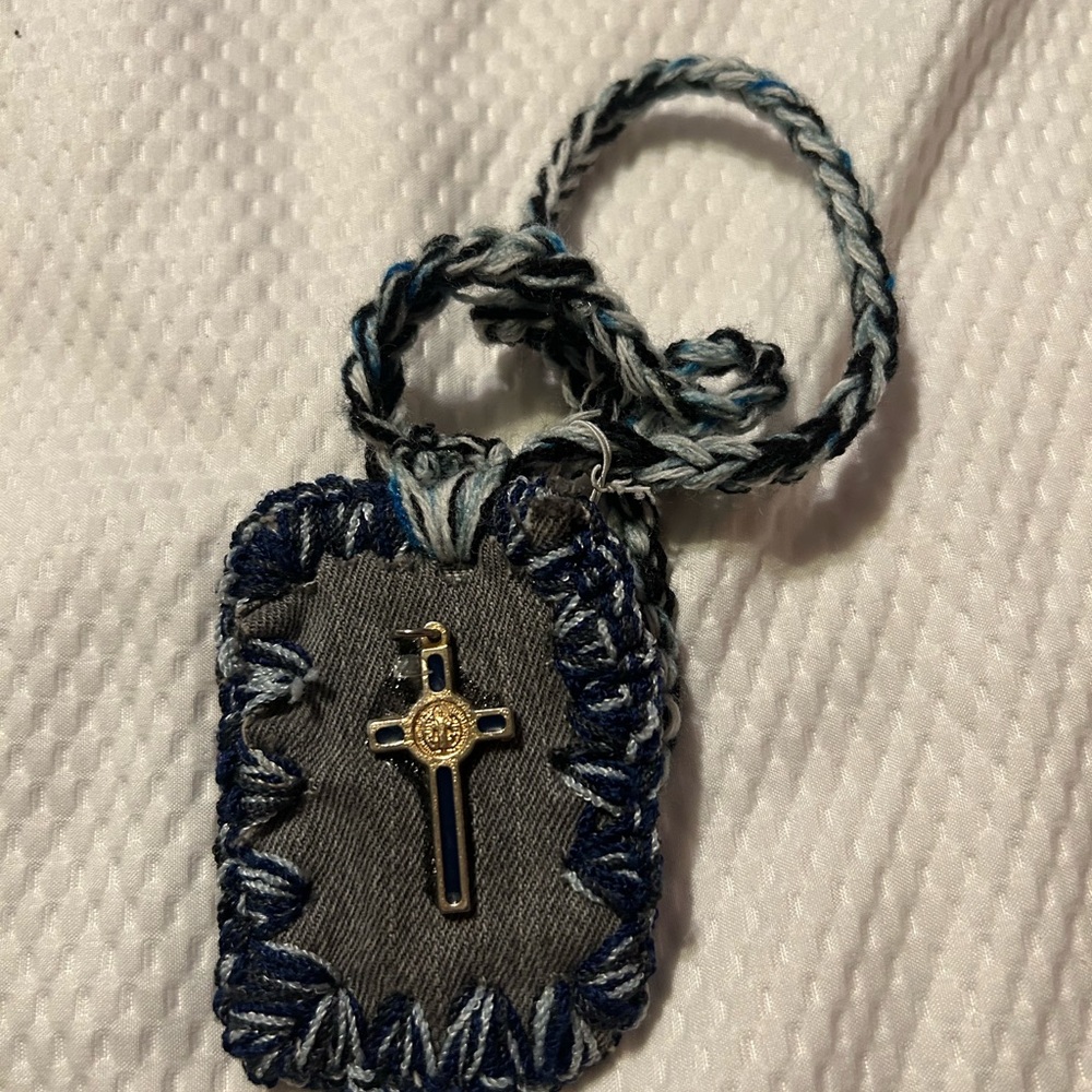 Gray and Blue Woven Cross Pendant Necklace